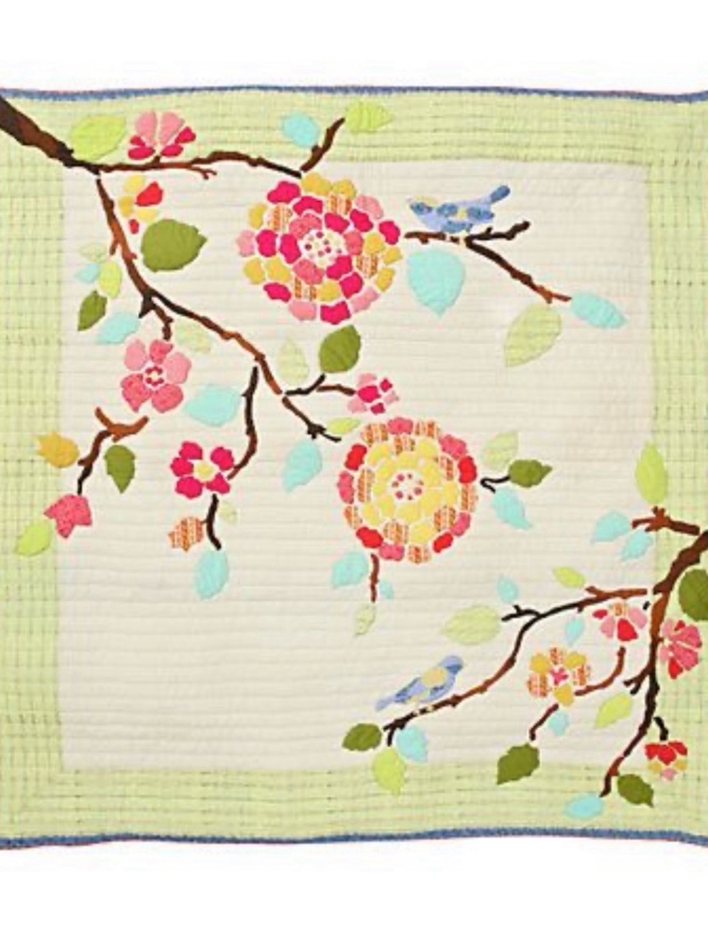 Anthropologie Floral Branch Appliqué Quilt in Pink, Green, Blue